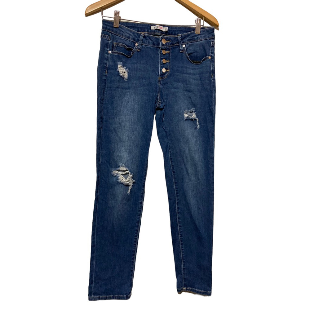 Just Fab Womens Tapered Jeans Blue Distressed Pockets Medium Wash Button Fly 28